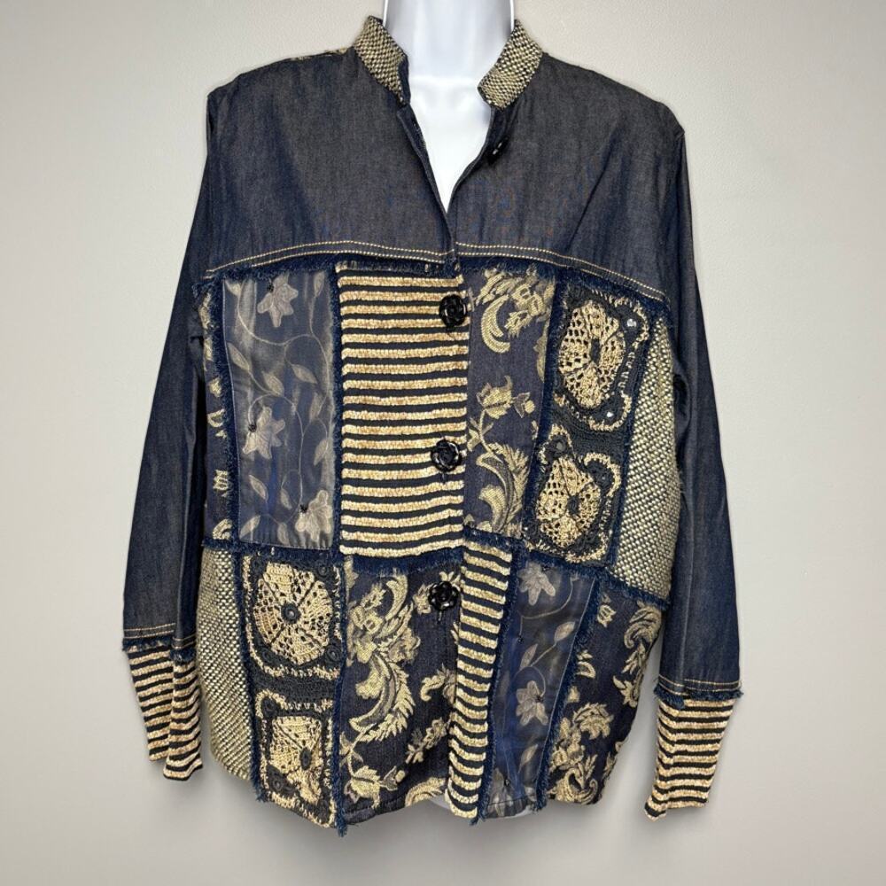 VTG Flashback Silk Blend Embroidered Crochet Jacquard Denim Jacket Womens Sz M